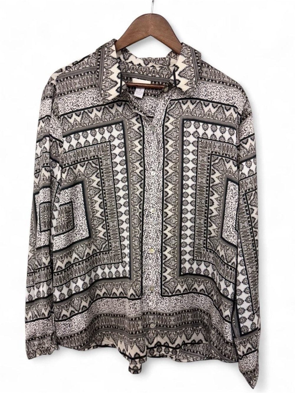 Chico's Black White Geometric Border Paisley Button Down Blouse Size 3 XL / 16